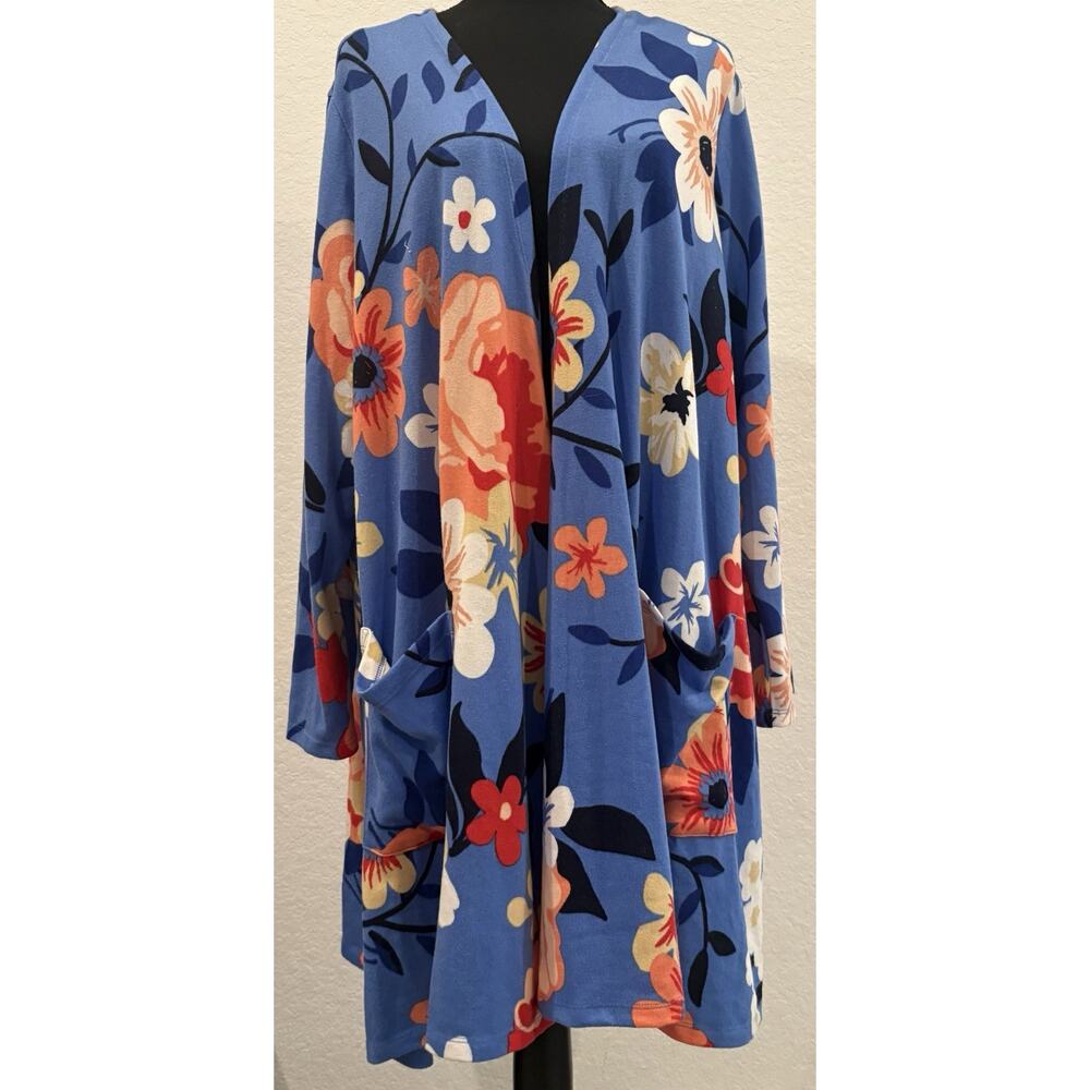 Lularoe Caroline Blue Open Front Cardigan Floral Duster Sweater Size 2XL